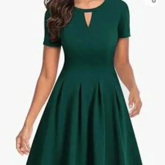 Stretch Green‎ A-Line Pleated Waist Keyhole Cap Sleeve Pockets Dress Small - Picture 1 of 7